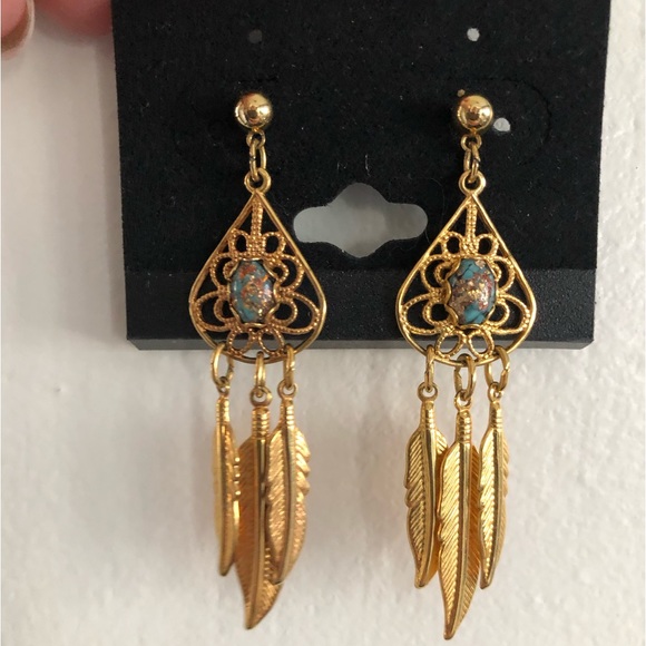 Vintage Gold Feather Drop Earrings - Picture 1 of 2